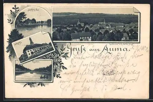 Lithographie Auma, Marktplatz, Sophien Bad, Kesselsee