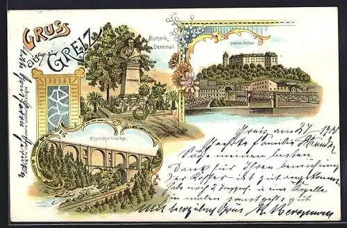 Lithographie Greiz, Teilansichten vom Ort, Bismarck-Denkmal und Elsterthalbrücke