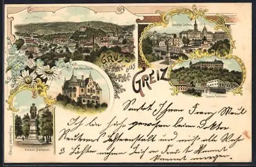 Lithographie Greiz, Odd-Fellow-Heim, Kaiser-Denkmal, Oberes Schloss