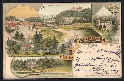 Lithographie Waltershausen / Thür., Ortsansicht mit Klostermühle