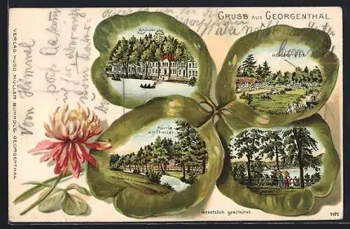 Passepartout-Lithographie Georgenthal / Thüringen, Gasthaus Schützenhof, Partie am Theiler und Klosterruine im Kleeblatt