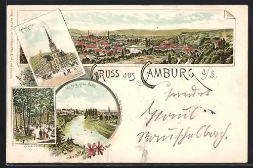 Lithographie Camburg / Saale, Panorama mit Rathskeller und Cyriaskirche