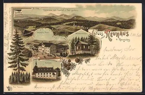 Lithographie Neuhaus / Rennweg, Gasthof zur Post, Kirche, Waidmannsheil, Panorama