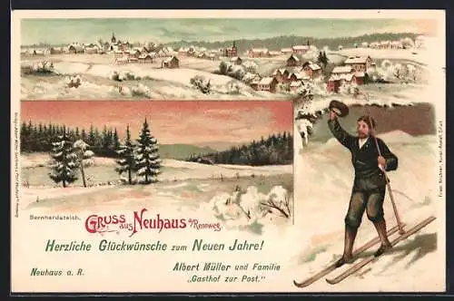 Winter-Lithographie Neuhaus a. Rennweg, Teilansicht mit Skifahrer, Bernhardsteich, Neujahrsgruss