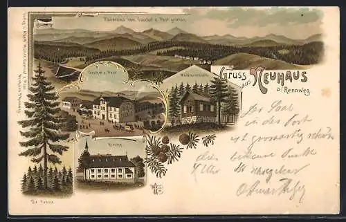 Lithographie Neuhaus a. Rennweg, Gasthaus zur Post, Kirche, Waidmannsheil