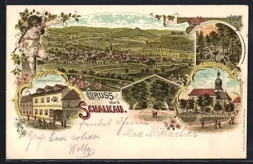 Lithographie Schalkau, Gasthof Wetterhahn, Kirche und Kriegerdenkmal, Ruine Schaumburg