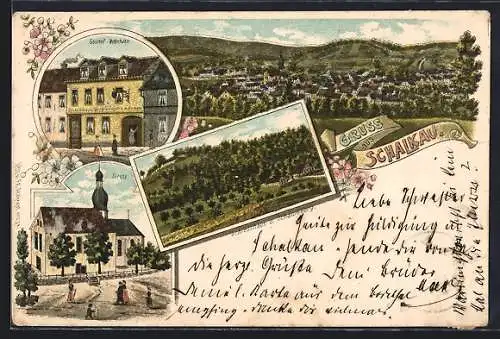 Lithographie Schalkau, Gasthof Wetterhahn, Kirche, Schiesshaus und Schaumburg