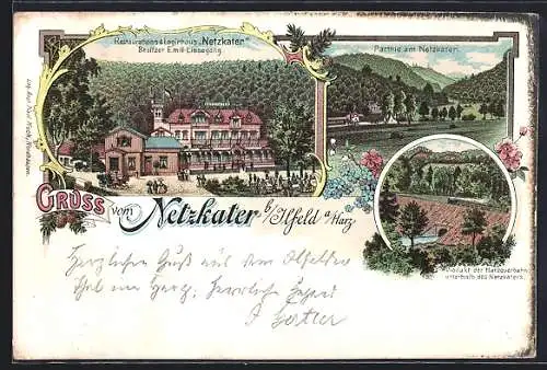 Lithographie Ilfeld a / Harz, Gasthaus Netzkater, Ortspartie, Viadukt der Harzquerbahn