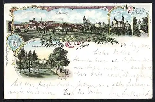 Lithographie Eisfeld, Bergschlösschen mit Eingang ins Eichholz, Schloss