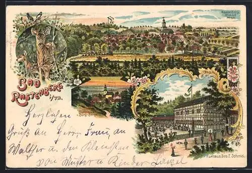 Lithographie Bad Rastenberg, Kurhaus, Bes. F. Schmidt, Durchblick v. Burg-Berge, Totalansicht