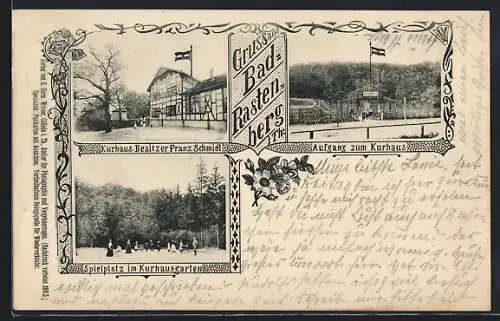 AK Bad-Rastenberg i. Th., Kurhaus Franz Schmidt, Aufgang zum Kurhaus, Spielplatz im Kurhausgarten