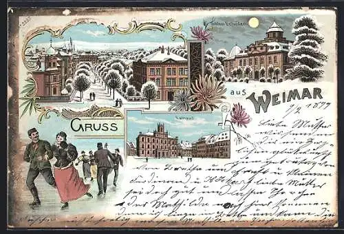Winter-Lithographie Weimar / Thüringen, Schloss Belvedere bei Mondschein, Rathaus, Paar beim Eislaufen