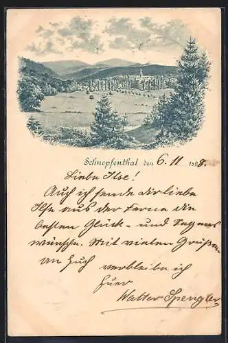 Lithographie Schnepfenthal, Panoramablick gegen die Berge