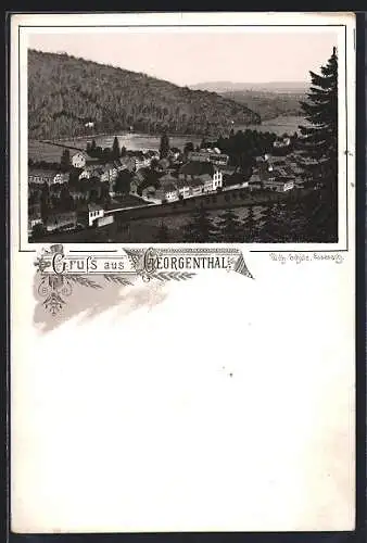 Lithographie Georgenthal / Thüringen, Ortsansicht vom Berg aus