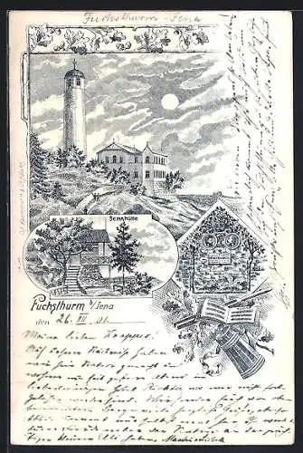 Lithographie Jena, Der Fuchsturm, Sennhütte