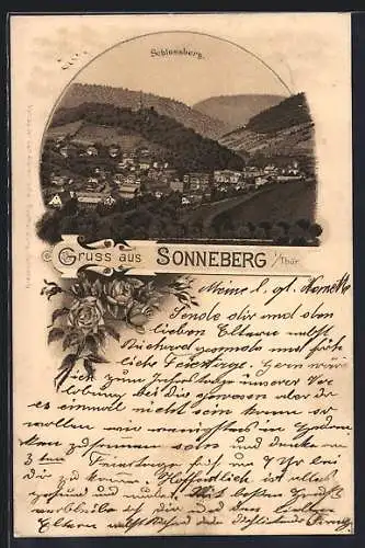 Lithographie Sonneberg /Thür., Totalansicht mit Schlossberg