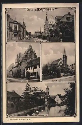 AK Neustadt / Orla, Bismarckstrasse, Rathaus, Kath. Kirche, Am Gamsenteich