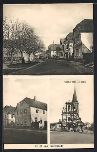 AK Grettstadt, Gasthaus von Fr. Winter, Kirche mit Rathaus, Strassenpartie