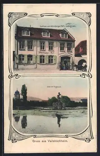 AK Veitshöchheim, Gasthaus zum Würzburger Hof und der See mit Pegasus