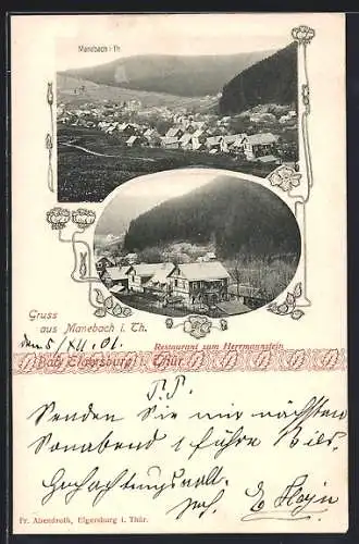 AK Manebach /Th., Restaurant zum Hermannstein und Ortsansicht aus der Vogelschau