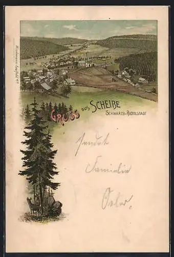 Lithographie Scheibe / Schwarzb.-Rudolstadt, Totalansicht vom Berg aus