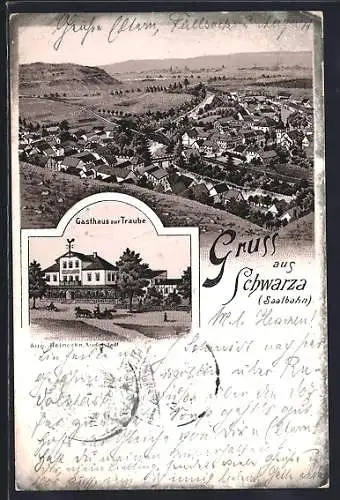 Lithographie Schwarza / Saalbahn, Gasthaus zur Traube, Totalansicht