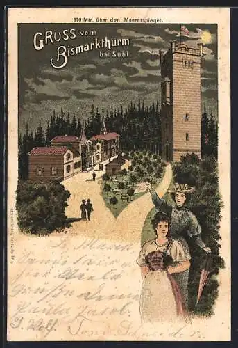 Lithographie Suhl, Partie am Bismarckturm im Mondschein