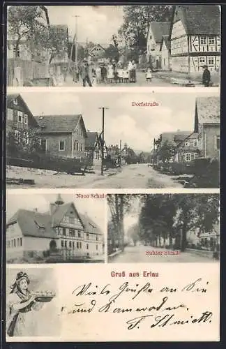 AK Erlau / Suhl, Suhler Strasse, Neue Schule, Partie in der Dorfstrasse
