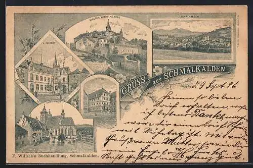 Lithographie Schmalkalden, Lutherhaus, Stadt-Kirche, K. Postamt