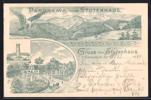 Lithographie Vesser, Gasthaus Stutenhaus, Turm auf dem Adlersberg