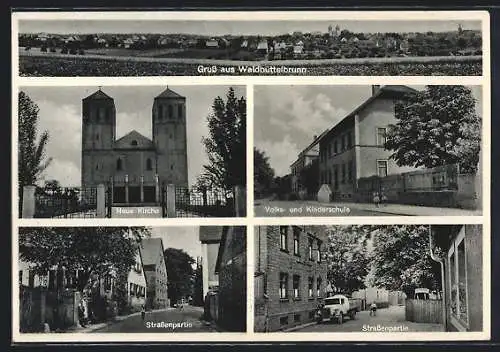 AK Waldbüttelbrunn, Strassenpartie mit Gasthaus zur Rose und LKW, Volks- und Kinderschule, Neue Kirche