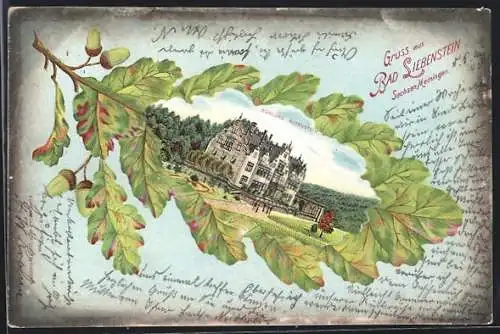 Passepartout-Lithographie Bad Liebenstein, Das Schloss Altenstein im Eichenblatt