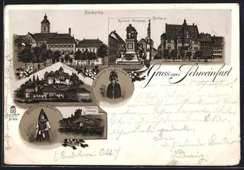 Lithographie Schweinfurt, Marktplatz, Rückert-Denkmal, Rathhaus, Mainberg, Peterstirn, Trachten