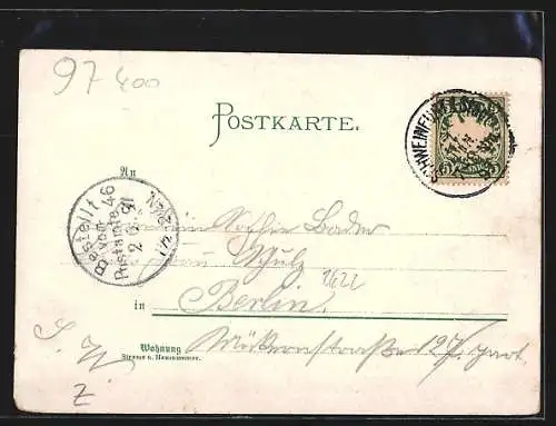 Lithographie Schweinfurt, Marktplatz, Rückert-Denkmal, Rathhaus, Mainberg, Peterstirn, Trachten