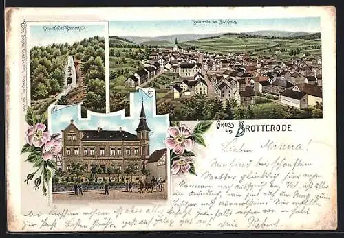 Lithographie Brotterode, Hotel zur Post v. R. Krahmann, Trusenthaler Wasserfall, Ortsansicht vom Burgberg aus