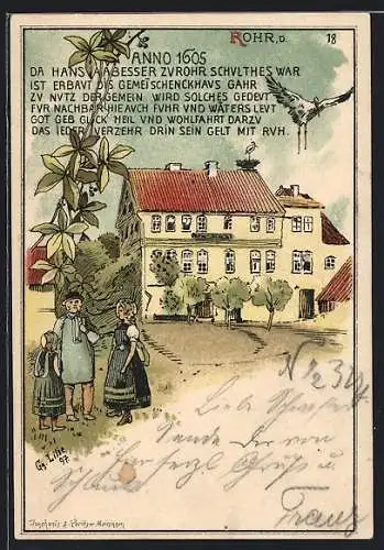 Lithographie Rohr / Thür., Blick zum Gasthaus