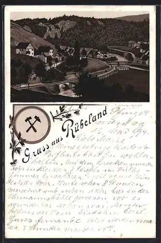 Vorläufer-Lithographie Rübeland, 1894, Totalansicht am Fluss in den Bergen