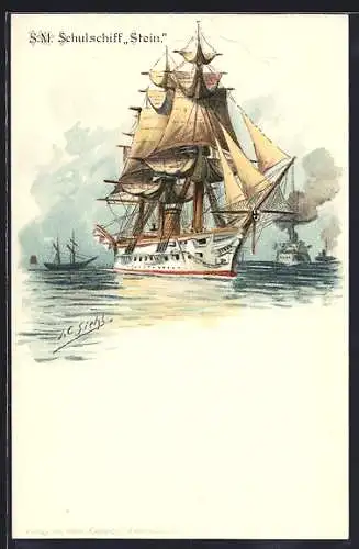 Künstler-AK Johann Georg Siehl-Freystett: SM Schulschiff Stein auf See