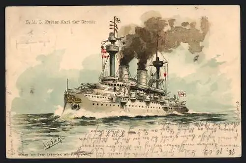 Künstler-AK Johann Georg Siehl-Freystett: SM Panzerschiff Kaiser Karl der Grosse auf hoher See