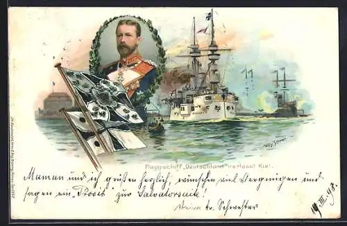 Künstler-AK Stoewer: Kiel, Flaggschiff Deutschland verlässt den Hafen, Portrait Prinz Heinrich von Preussen