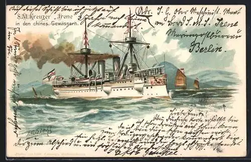 Künstler-AK Johann Georg Siehl-Freystett: Kriegsschiff Kreuzer SMS Irene in chinesischen Gewässern