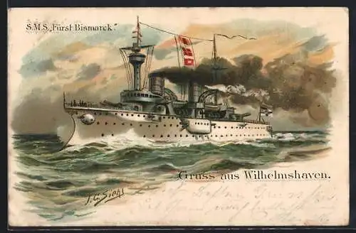 Künstler-AK Johann Georg Siehl-Freystett: S.M.S. Fürst Bismarck, Kriegsschiff des Ostasiengeschwaders auf hoher See