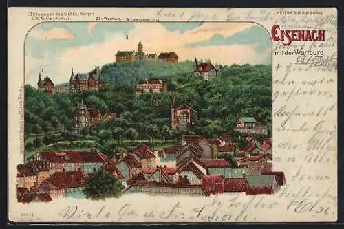 Lithographie Eisenach, Ortsansicht mit der Wartburg, Halt gegen das Licht