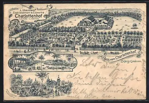 Vorläufer-Lithographie Leipzig-Lindenau, 1894, Gasthof-Etablissement & Eiswerke Charlottenhof v. L. Uhlemann