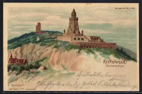 Lithographie Kyffhäuser, Kyffhäuser-Denkmal, Schlafender Kaiser Barbarossa, Halt gegen das Licht