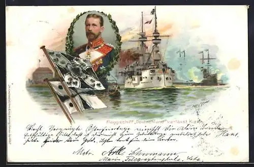 Künstler-AK Stoewer: Kiel, Flaggschiff Deutschland verlässt den Hafen, Portrait Prinz Heinrich von Preussen