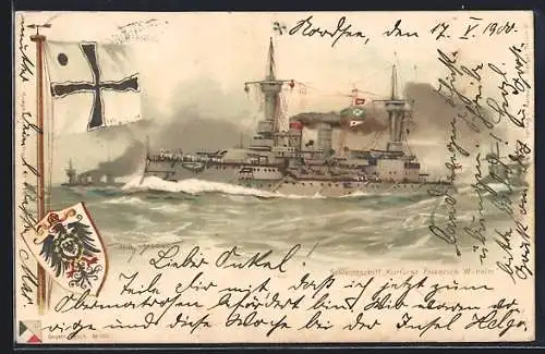Künstler-AK Willy Stoewer: Schlachtschiff Kurfürst Friedrich Wilhelm unter Volldampf