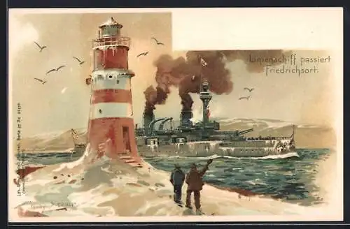 Künstler-Lithographie Willy Stoewer: Friedrichsort, Linienschiff passiert den Leuchtturm im Winter