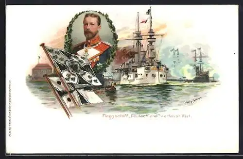 Künstler-AK Stoewer: Kiel, Flaggschiff Deutschland verlässt den Hafen, Portrait Prinz Heinrich von Preussen