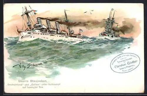 Künstler-AK Willy Stoewer: Kriegsschiff Deutschland und Gefion in der Biskaya auf dem Marsche